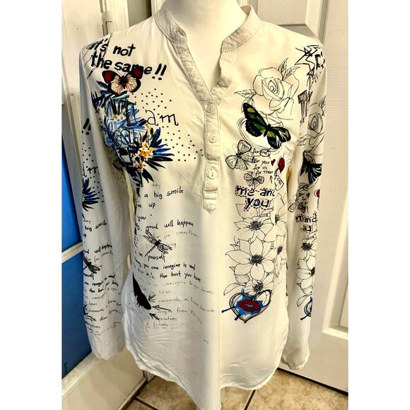 Desigual Graphic Long Sleeve Button Top White Multicolor Art Print – Size Small - Picture 1 of 6